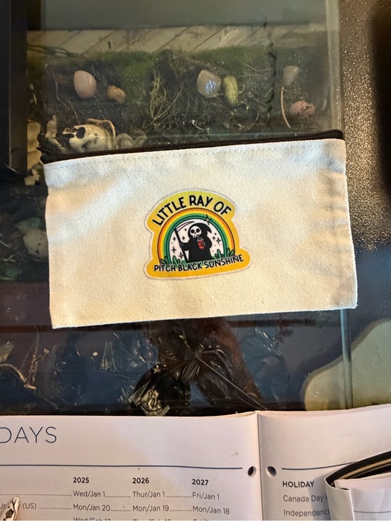 Handbags - Canvas Pouch with 'Little Ray of Pitch Black Sunshine' Patch - White